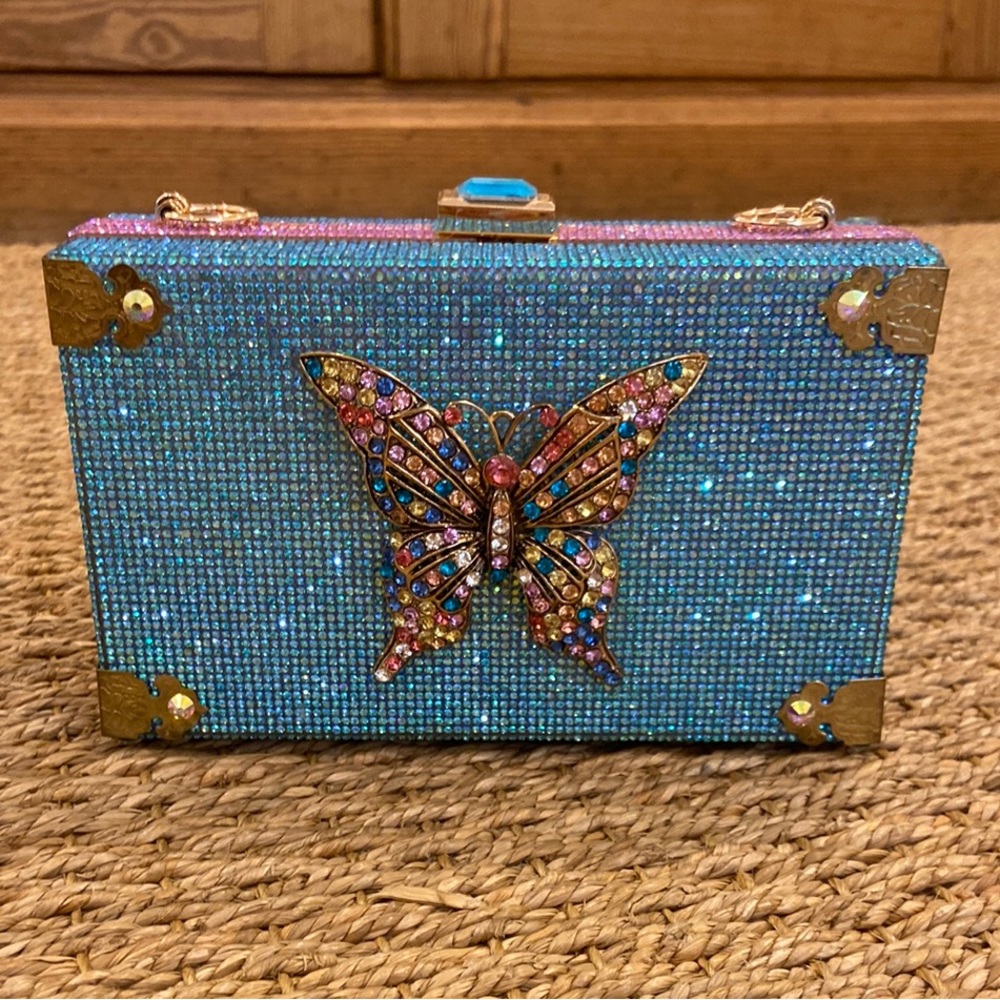 Blue and Pink Glitter Clutch with Butterfly Accent